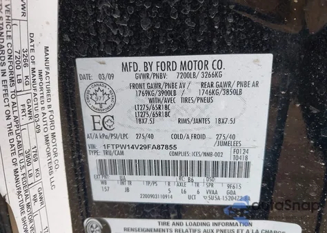 2009 Ford F-150 Fx4/King Ranch/Lariat/Platinum/Xl/Xlt from USA, damaged, VIN 1FTPW14V29FA87855